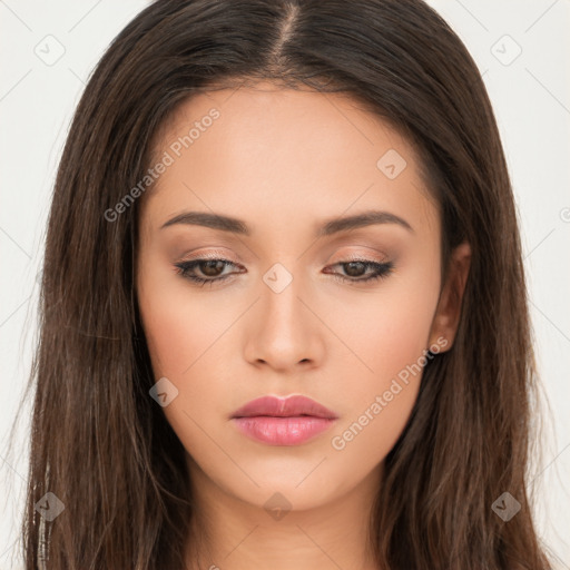 Neutral white young-adult female with long  brown hair and brown eyes