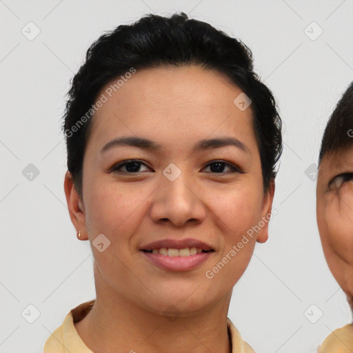 Joyful asian young-adult female with short  brown hair and brown eyes