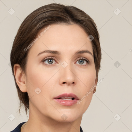 Neutral white young-adult female with short  brown hair and brown eyes