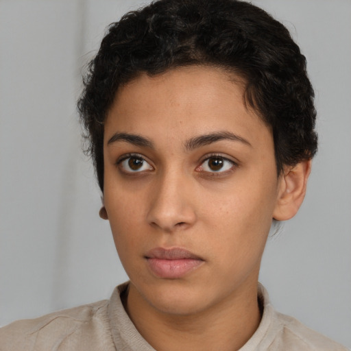 Neutral latino young-adult female with short  brown hair and brown eyes