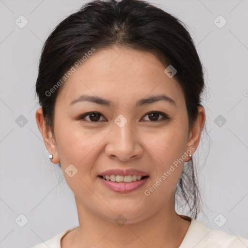 Joyful asian young-adult female with short  brown hair and brown eyes