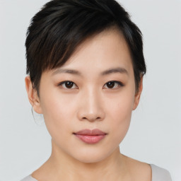 Neutral asian young-adult female with short  brown hair and brown eyes