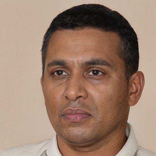Neutral black adult male with short  black hair and brown eyes