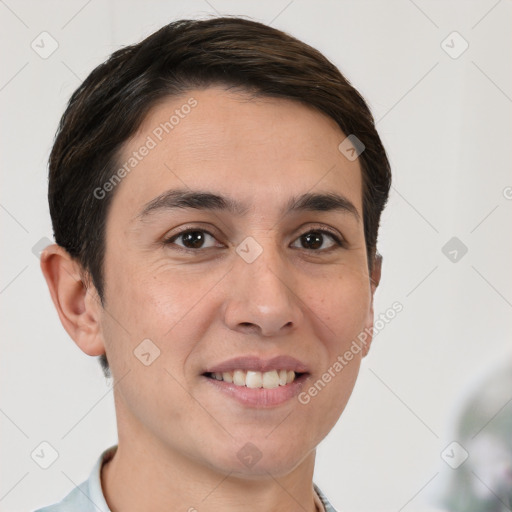 Joyful white young-adult male with short  brown hair and brown eyes