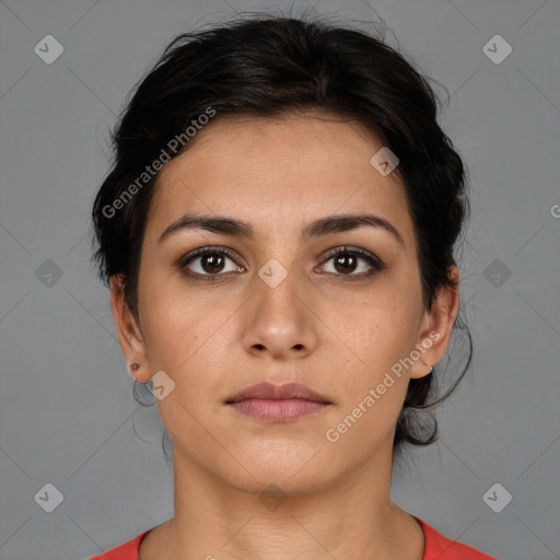 Neutral white young-adult female with medium  brown hair and brown eyes