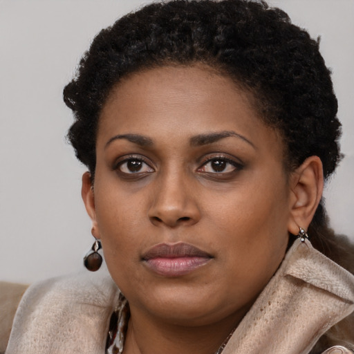 Neutral black young-adult female with long  brown hair and brown eyes