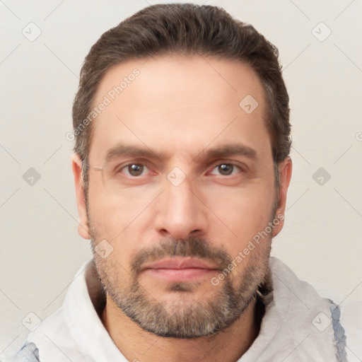 Neutral white adult male with short  brown hair and brown eyes