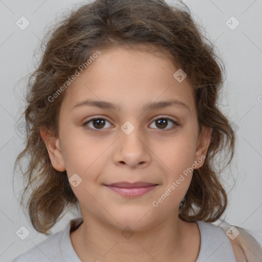 Joyful white child female with medium  brown hair and brown eyes