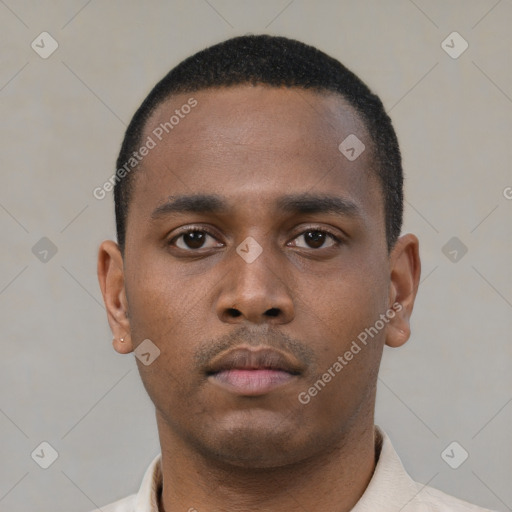 Neutral black young-adult male with short  black hair and brown eyes