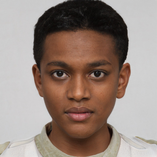 Neutral black young-adult male with short  black hair and brown eyes