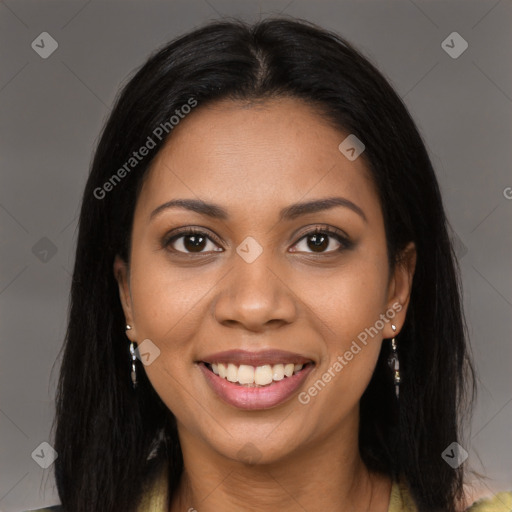 Joyful latino young-adult female with long  brown hair and brown eyes