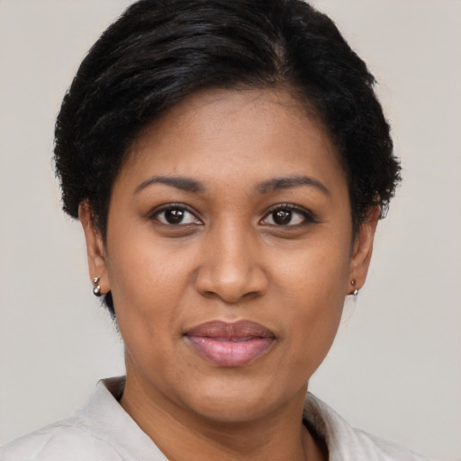 Joyful black young-adult female with short  brown hair and brown eyes