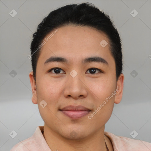 Joyful asian young-adult male with short  brown hair and brown eyes