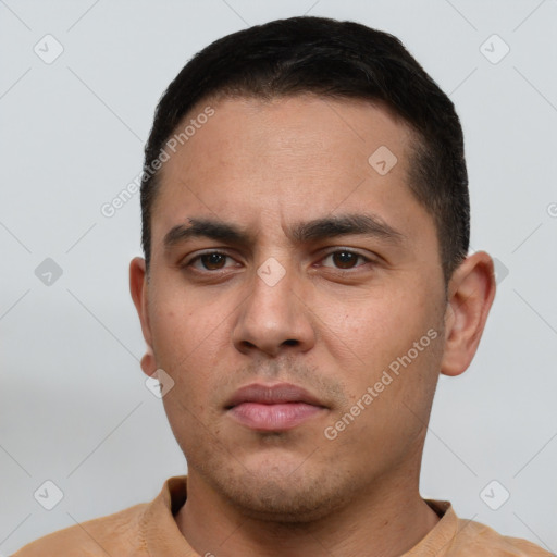Neutral white young-adult male with short  brown hair and brown eyes