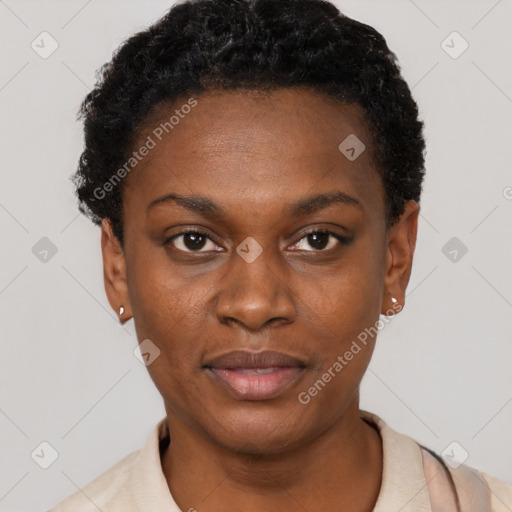 Neutral black young-adult female with short  black hair and brown eyes