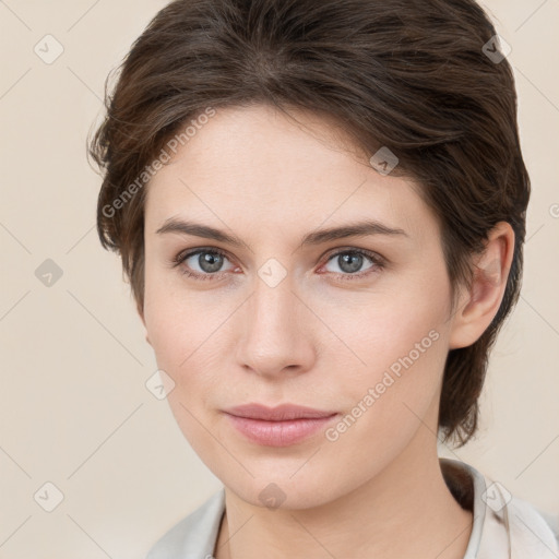 Neutral white young-adult female with medium  brown hair and grey eyes