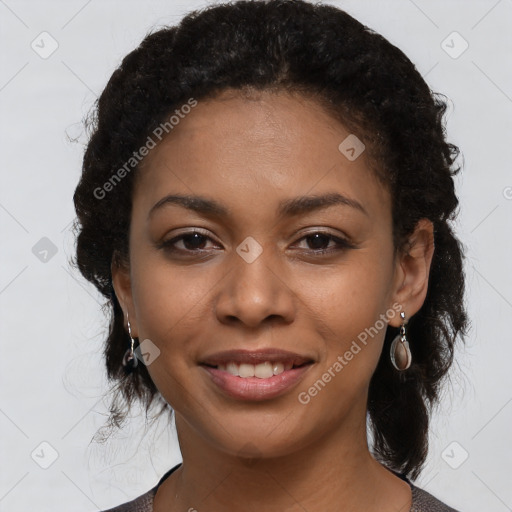 Joyful latino young-adult female with medium  black hair and brown eyes