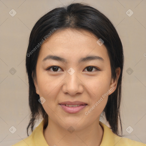 Joyful asian young-adult female with medium  brown hair and brown eyes