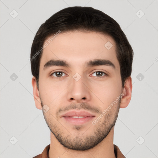 Neutral white young-adult male with short  brown hair and brown eyes