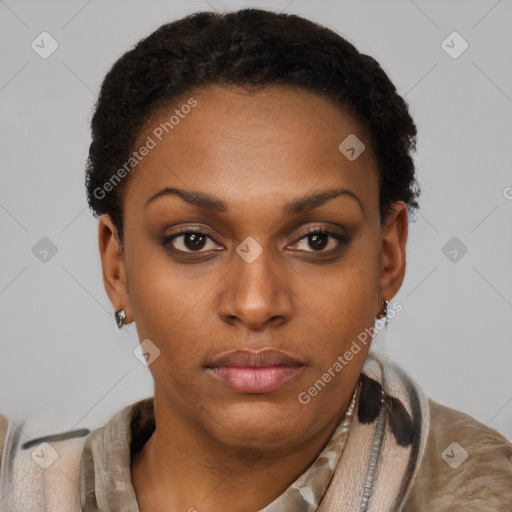 Neutral black young-adult female with short  brown hair and brown eyes