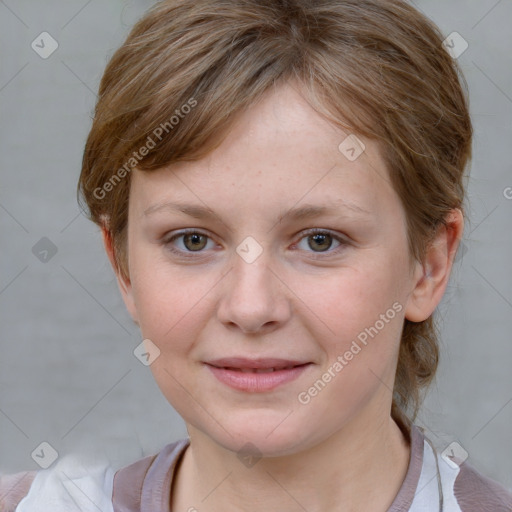 Joyful white young-adult female with medium  brown hair and blue eyes