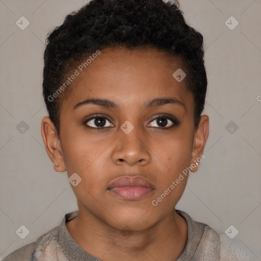 Neutral black young-adult female with short  brown hair and brown eyes