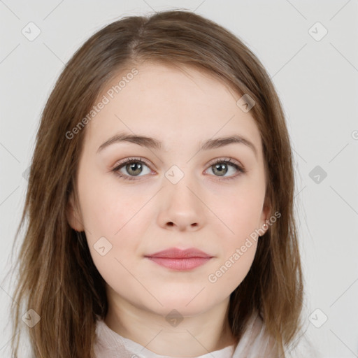 Neutral white young-adult female with medium  brown hair and brown eyes