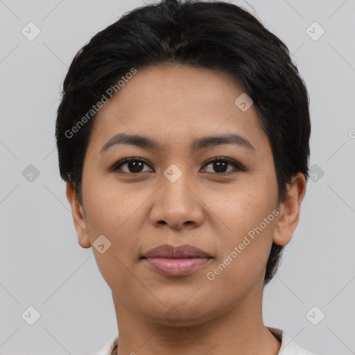 Joyful asian young-adult female with short  black hair and brown eyes