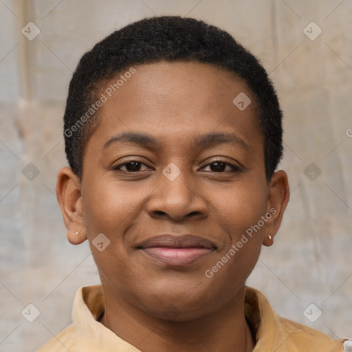 Joyful latino young-adult male with short  brown hair and brown eyes