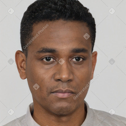 Neutral black young-adult male with short  black hair and brown eyes