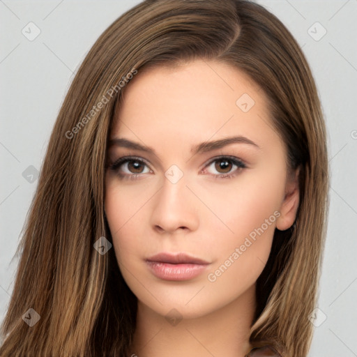 Neutral white young-adult female with long  brown hair and brown eyes