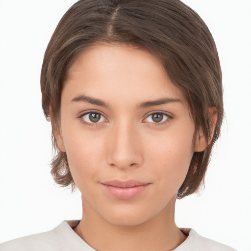 Neutral white young-adult female with medium  brown hair and brown eyes