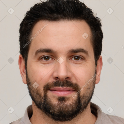 Neutral white young-adult male with short  black hair and brown eyes