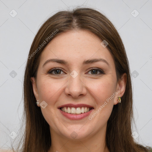 Joyful white young-adult female with long  brown hair and grey eyes