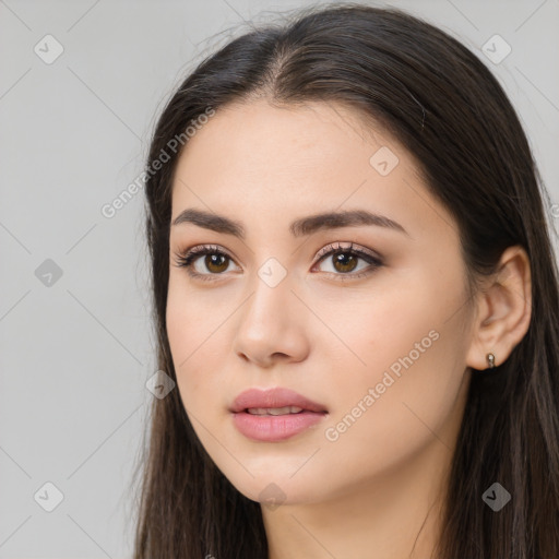 Neutral white young-adult female with long  brown hair and brown eyes