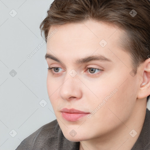 Neutral white young-adult male with short  brown hair and grey eyes