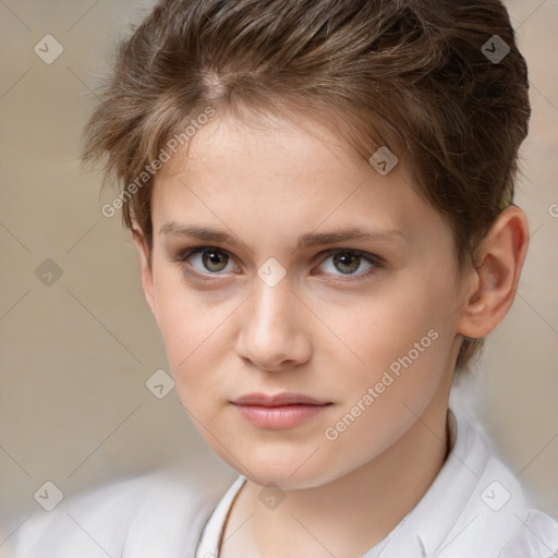 Joyful white child female with short  brown hair and brown eyes