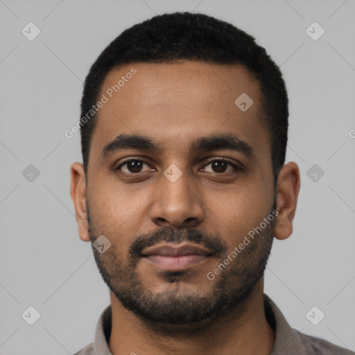 Neutral black young-adult male with short  black hair and brown eyes