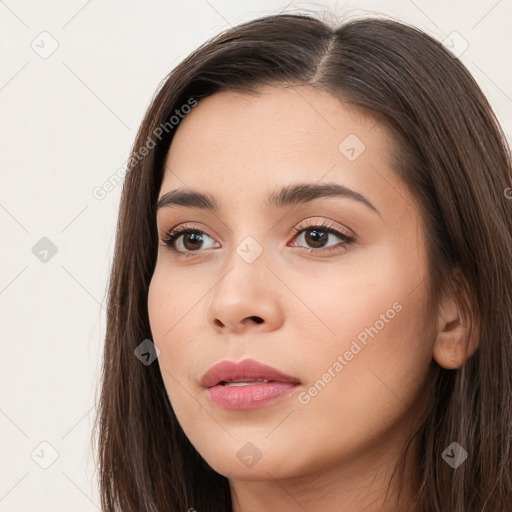 Neutral white young-adult female with long  brown hair and brown eyes