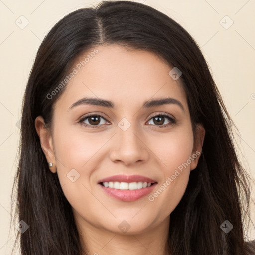 Joyful white young-adult female with long  brown hair and brown eyes