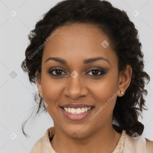 Joyful black young-adult female with long  brown hair and brown eyes