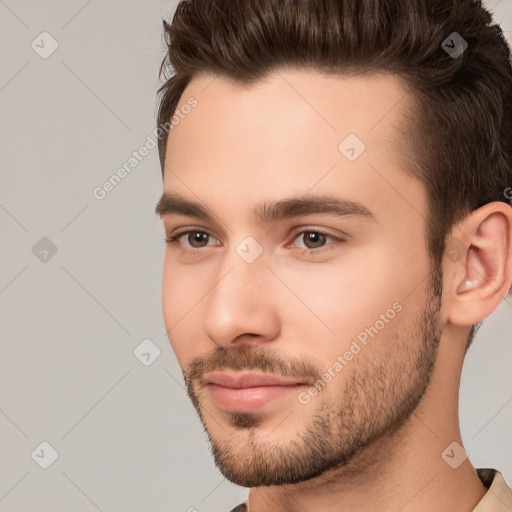 Neutral white young-adult male with short  brown hair and brown eyes