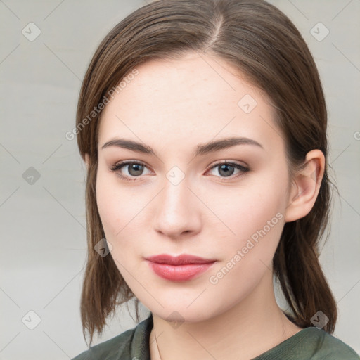 Neutral white young-adult female with medium  brown hair and grey eyes