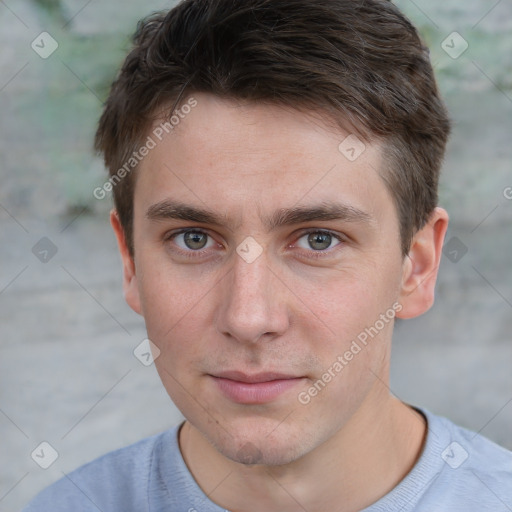 Neutral white young-adult male with short  brown hair and grey eyes