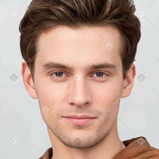 Neutral white young-adult male with short  brown hair and brown eyes