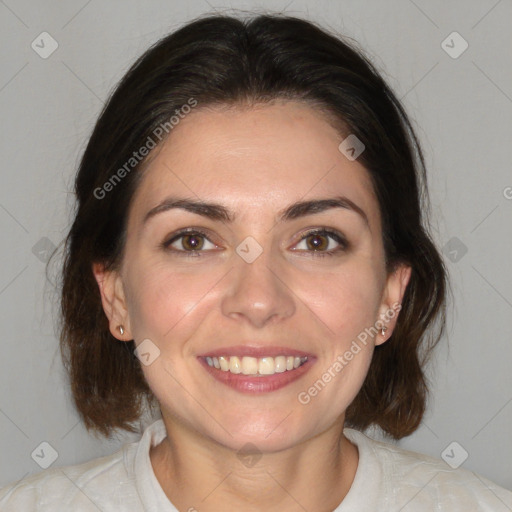 Joyful white young-adult female with medium  brown hair and brown eyes