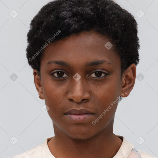 Neutral black young-adult female with short  brown hair and brown eyes