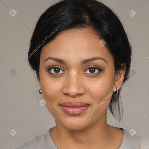 Joyful latino young-adult female with medium  black hair and brown eyes