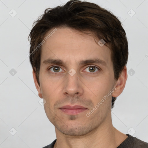 Neutral white young-adult male with short  brown hair and brown eyes