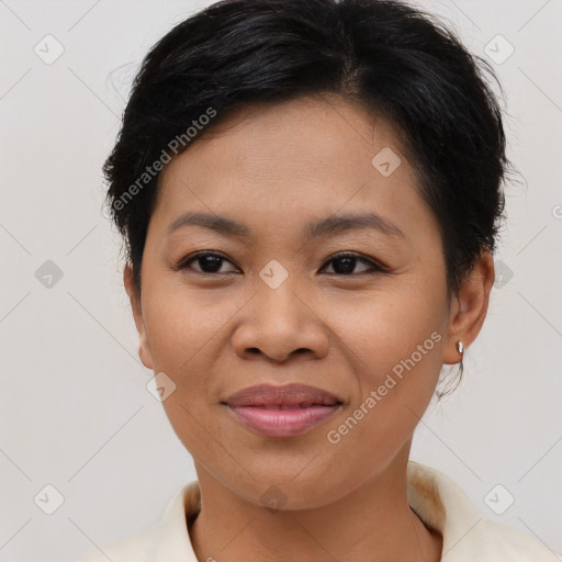 Joyful asian young-adult female with short  brown hair and brown eyes